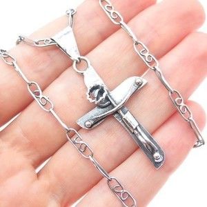 925 Sterling Silver Vintage Mexico Modernist Crucifix Cross Chain Necklace 24"